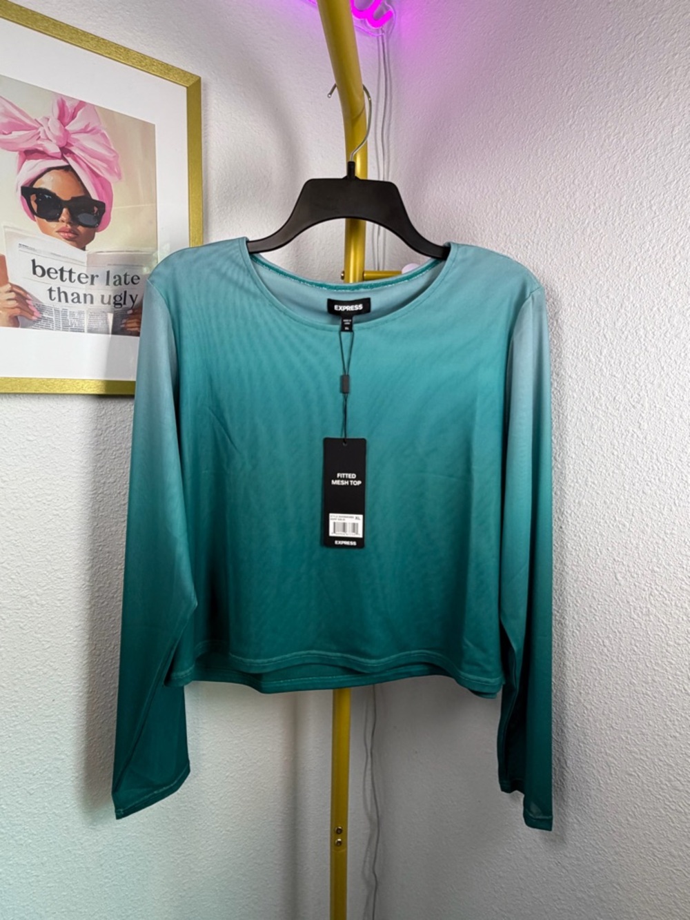 Express Teal to Turquoise Ombre Long-Sleeve Mesh Top - Size XL - NWT $38